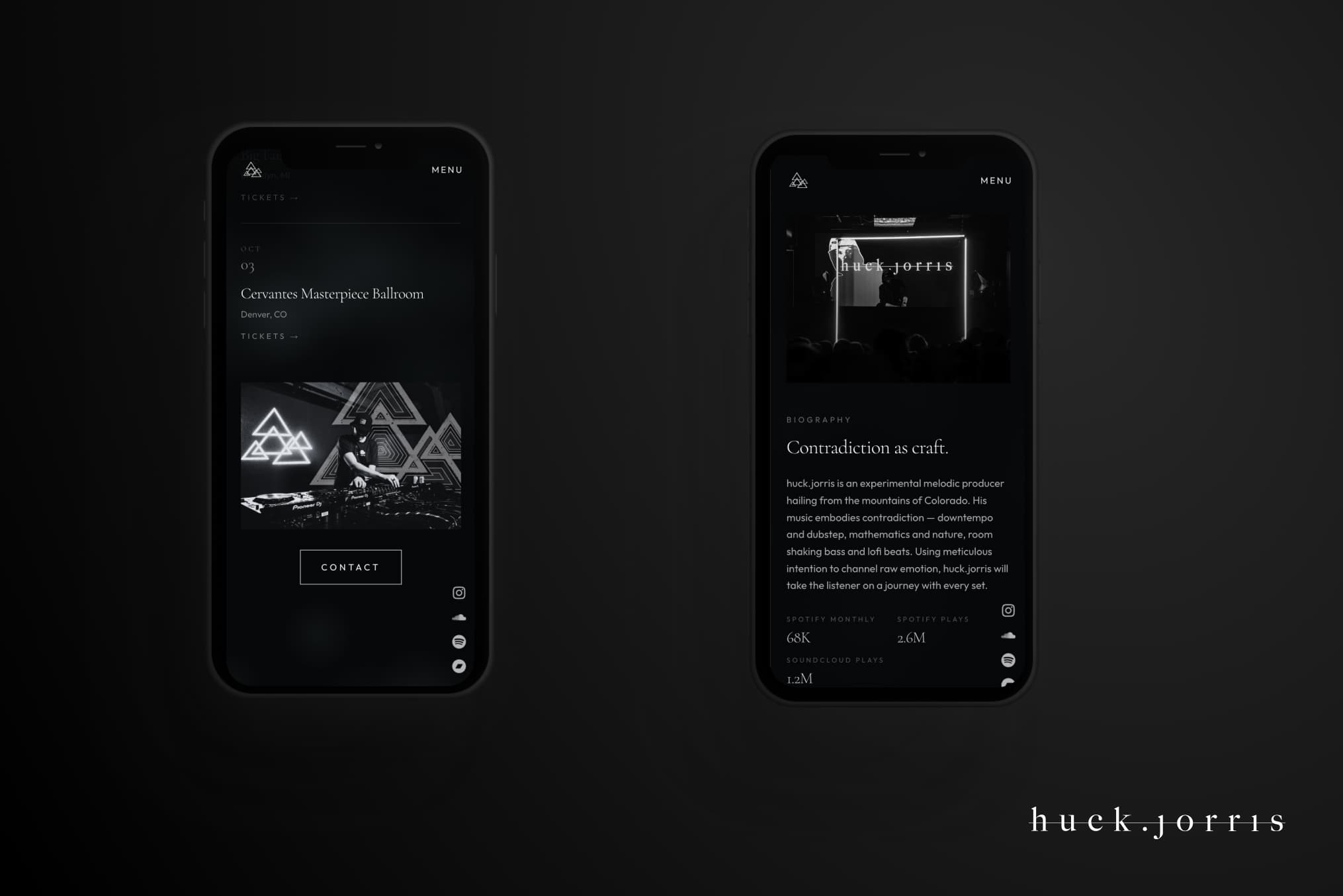 huck.jorris artist site cover with dark atmospheric branding and wordmark