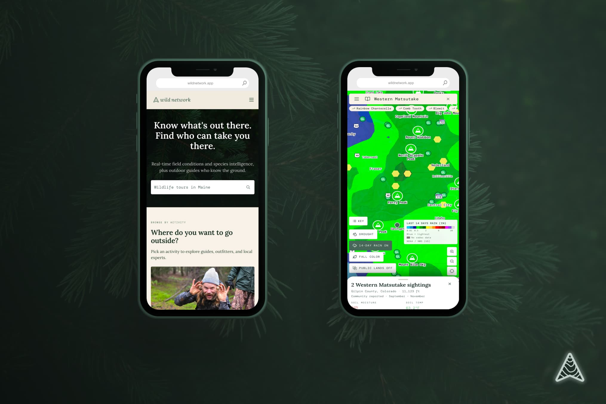 Wild Network field map with live weather and species data on a dark product cover